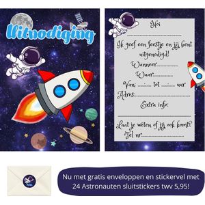Uitnodiging kinderfeestje - Kinderfeest - Uitnodigingen - Verjaardag - Inclusief enveloppen - Eigen design en print - Wenskaart - Astronaut - 20 stuks - A6
