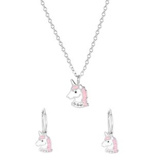 Lucardi - Kinder Zilveren kinderset unicorn met emaille - Cadeau Set - 925 Zilver - Zilverkleurig