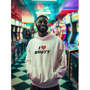 Hoodie - I love booty - Wurban Wear | Grappige hoodie | Leuk cadeau | Unisex hoodie | Meme | Meme kleding | Viespeuk | Grappige kleding | Grappige trui | Dubbelzinnige kleding | Wit