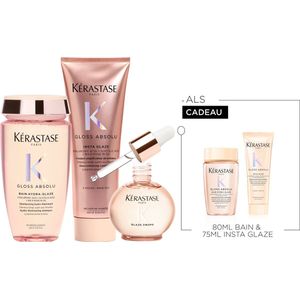 Kérastase Gloss Absolu Anti-Frizz Trio + 2 Cadeaus - Shampoo 250ml & Conditioner 250ml & Haarolie 45ml + Shampoo 80ml & Conditioner 75ml cadeau - Voor Lang Haar Gevoelig voor Pluis - Met Hyaluronzuur