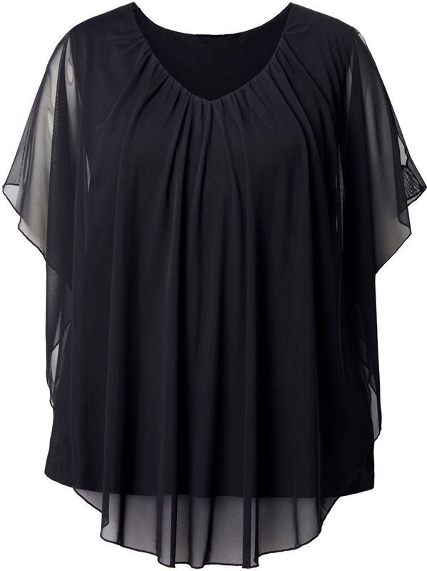 MIAMODA - Dames - Mesh overhemdblouse schouder met cut-out opaque jersey top - Zwart - Maat 42+