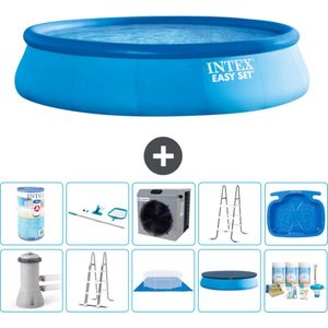 Intex Rond Opblaasbaar Easy Set Zwembad - 457 x 107 cm - Blauw - Inclusief Pomp - Ladder - Grondzeil - Afdekzeil Onderhoudspakket - Filter - Schoonmaakset - Ladder - Voetenbad - Warmtepomp