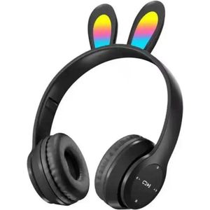 Kinder Hoofdtelefoon-Draadloze Koptelefoon-Kinder Headset-Over Ear-Bluetooth-Microfoon-Konijn Oorjtes-Led Verlichting-Opbergzak-Zwart