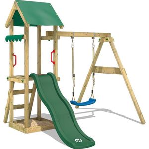 WICKEY speeltoestel klimtoestel TinyWave met schommel en groene glijbaan, outdoor kinderspeeltoestel met zandbak, ladder en speelaccessoires voor de tuin