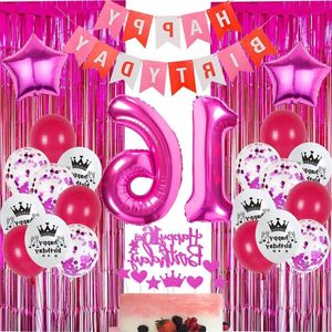 Feest Decoratie Roze verjaardag 16 jaar meisjes - Ballonnen - Gordijn klatergoud - Taartdecoratie - Gordijnen metaal 16 - Feest decoratie meisjes