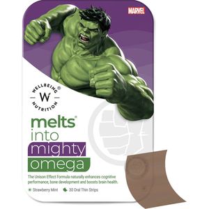 Wellbeing2day for kids - marvel omega - Verbetert de gezondheid van de hersenen - smeltblaadjes - melst - smelts - Snel oplossende orale dunne strips - 100% plantaardig - Bevordert bot sterkte - Verbetert geheugen en retentie - smelt vitamine -