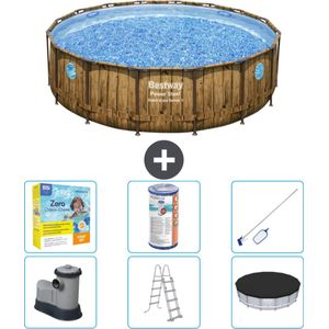 Bestway Rond Power Steel Swim Vista Zwembad - Houtprint - 488 x 122 - Inclusief Pomp - Ladder - Afdekzeil Onderhoudspakket - Filter - Schoonmaakset