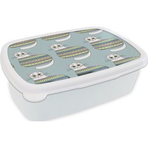 Broodtrommel Wit - Lunchbox - Brooddoos - Meisje - Katten - Trui - Patronen - Girl - Kids - Kinderen - Meiden - 18x12x6 cm - Volwassenen