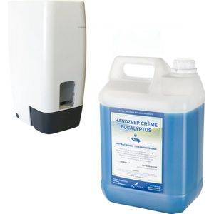 Zeepdispenser 1 liter kunststof hervulbaar + 5 liter jerrycan Handzeep crème Eucalyptus