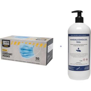 3 Laags Mondkapje - 50 stuks - Licht Blauw + Handgel met pompje - 1 liter