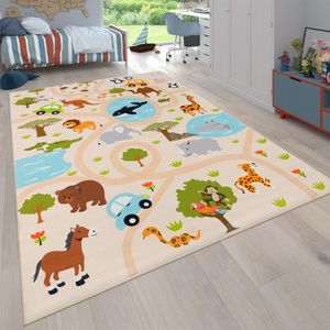 Flycarpets - Binola - Kindervloerkleed - Beige - 200x290 cm - Speelkleed / Speelmat Auto / Dieren