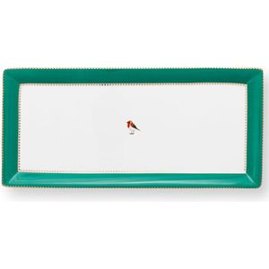 Pip Studio Love Birds Green - cakeschaal - serveerschaal - 33.3x15.5cm - rechthoekige schaal - roodborstje