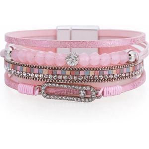 Armband Dames - Kralen - PU Kunstleer - Lengte 19 cm - Roze