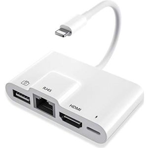 4-in-1 iPhone HDMI OTG Ethernet Adapter – Lightning naar HDMI 4K, USB OTG, RJ45 LAN en Oplaadpoort – Plug & Play Multipoort Adapter voor iPhone en iPad, Snelle Bedrade Verbinding, Geschikt voor Presentaties en Thuisbioscoop