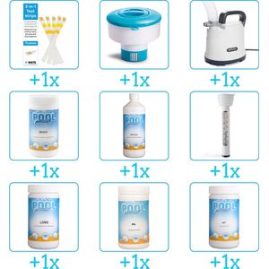 Alles-in-1 Zwembad Onderhoudspakket - bevat Chloor - PH-min - PH-plus - Chloor - Algen - Thermometer - Testrips - Chloordrijver en Dompelpomp (9-delig)