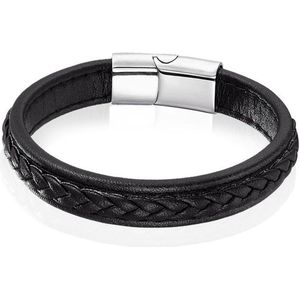 LGT Jewels Heren Armband Zwart Leer Gevlochten Edelstaal Sluiting-21cm