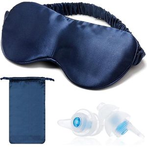 Slaapmasker- Zijden Oogmasker voor Slapende Vrouwen/Mannen-Slaapmasker met Oordopjes en Satijnen Reistas-Donkerblauw