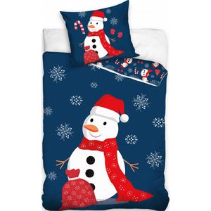 Kerst dekbedovertrek Sneeuwpop - 140 x 200 cm - 70 x 90 cm - blauw