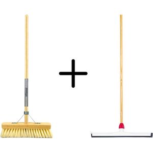 Synx Tools Fibersoft 30cm + Vloertrekker Kunststof 45cm met Steel 120cm – Zaalveger – Vloerreiniger – Natuurrubber – Zachte binnenbezem met steel 140cm