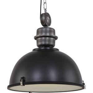 Industriële hanglamp Bikkel | Ø 52 cm | hoogte 55 cm | staal / zwart mat | glas mat | plafondkap tot onderkant lamp max 155 cm | 1x E27 | halfrond design | woonkamer / eetkamer