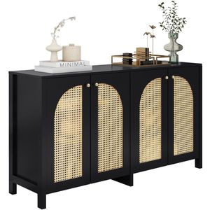 Merax Modern Dressoir - 4-Deurs Zwart Sideboard met Rotan Deuren en Metalen Handgrepen - Buffetkast - 145x40x80 cm - Opbergkast Woonkamer / Eetkamer