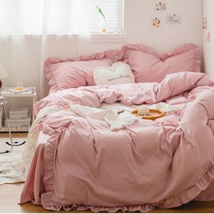 Kinderbeddengoed, 135 x 200 cm, roze, met ruches, 2-delig, microvezel, dekbedovertrek, kussensloop, meisjes, tieners, eenpersoonsbed