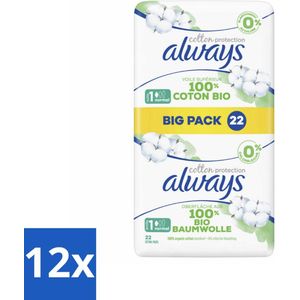 12 x Always - Maandverband - Normal - Cotton Protection - Met Vleugels - 22 Maandverband - Maandverband - Maandverband Katoen - Always Cotton Protection - Biologisch Katoen - Maandverband Zonder Parfum