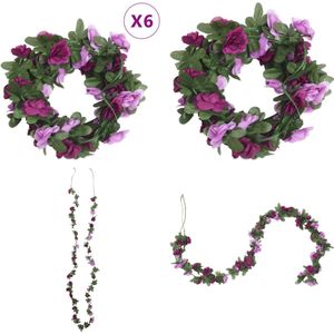 vidaXL Kerstslingers met bloemen 6 st 250 cm lente lichtpaars - Kerstslinger Met Bloemen - Kerstslingers Met Bloemen - Kerstslinger - Kerstdecoratie
