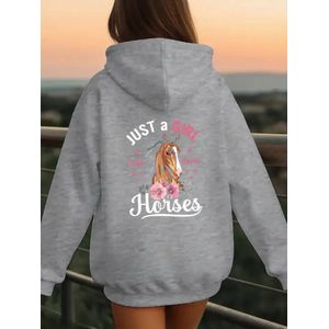 Hoedie, lichtgrijs, meisjes, fleece voering, mt. 150, 11-12 jr. Afbeelding paard achterkant trui.