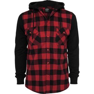 Urban Classics - Hooded Checked Flanell Sweat Sleeve Overhemd - L - Zwart/Rood