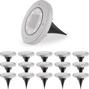 HOFTRONIC - 16x Ellis Solar Grondspots Buiten RVS - 8 LEDs - IP65 waterdicht - Solar tuinverlichting - Incl. Schemerschakelaar - tuinspot zonneenergie