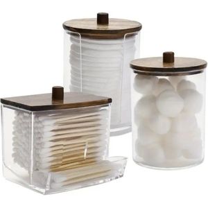 Set van 3 Wattenhouders – Badkamerorganizer met Houten Dekseks voor Wattenstaafjes, Wattenschijfjes en Wattenbolletjes - Donkerbruin - Stofvrij