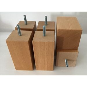 Set van 6 houten meubelpoten Natuurkleur beuken 12 cm hoogte 6x6 cm met M8 draadeinde Boxspring bedden banken