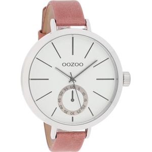 OOZOO Timepieces - Zilverkleurige horloge met roze leren band - C10464