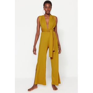 Trendyol Bruine Saksische Geweven Rugloze Strandjumpsuit Met Knoopjes Tbess23Tu00010