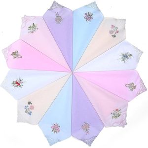 Brenzoos - 12-pack Dames Zakdoeken van Katoen met Borduurwerk en Kant - Set van 6 Kleuren voor Bruiloft en Feest