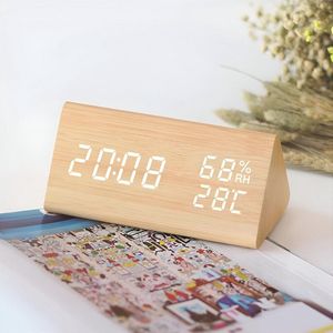 Digitale Houten Wekker met 3 Alarmen, Temperatuur- en Luchtvochtigheid Weergave, Dimbare Tafelklok met USB Voeding en Energiebesparende Modus