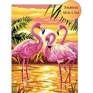 Diamond painting Volwassenen - Complete set - Ronde steentjes - 30cm x 40cm - 3 flamingo's bij de zonsopgang - Natuur