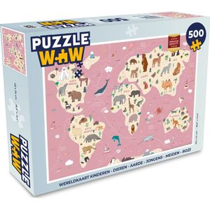 Puzzel Wereldkaart kinderen - Dieren - Aarde - Jongens - Meiden - Roze - Legpuzzel - Puzzel 500 stukjes