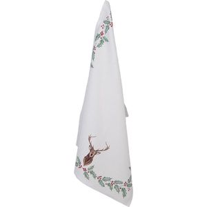 Clayre & Eef Theedoek 50x70 cm Wit Rood Katoen Hert Hulstbladeren Keukenhanddoek