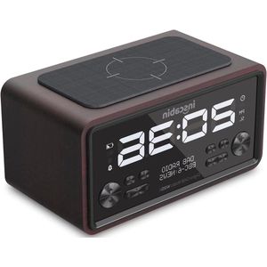 W20A DAB/DAB+ FM digitale wekkerradio met draadloos opladen/groot scherm Grote draagbare draadloze luidspreker met bluetooth - Mooi design voor slaapkamer keuken kantoor (Black Walnut)