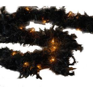 Kerstboomversiering boa veren slinger zwart met verlichting 200 cm kerstslingers - Kerstboomslingers/slingers met licht