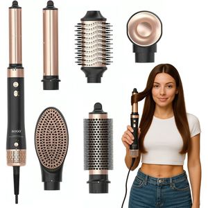 SOGO - Airstyler - Multistyler - Föhnborstel Krultang - 6-in-1 Stylingtool - Zwart/Goud