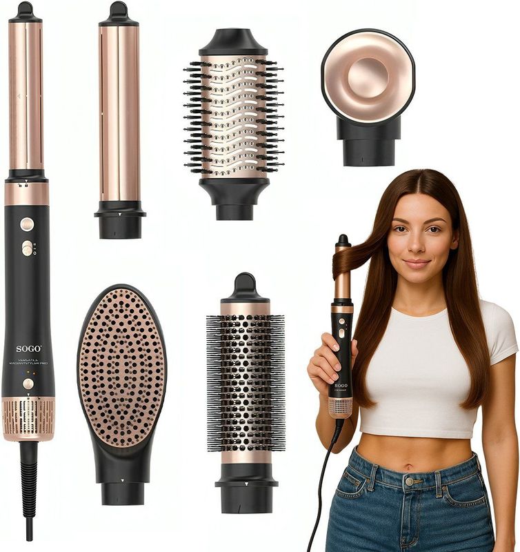 SOGO - Airstyler - Multistyler - Föhnborstel Krultang - 6-in-1 Stylingtool - Zwart/Goud