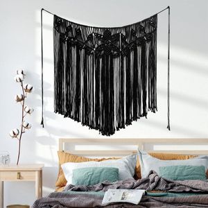 Boho zwarte macrame muur opknoping, macrame tapijt, geweven tapijt, moderne chique geweven kunst, Boheems katoen handgemaakt interieur, kralen muur kunst voor bruiloft