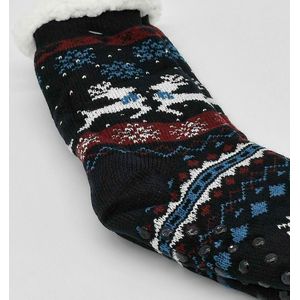 Merino Wollen sokken - Zwart met Rendier Wit - maat 35/38 - Huissokken - Antislip sokken - Warme sokken – Winter sokken