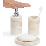 Navaris - 3-delige Badkamerset - Beige - Kunsthars - Set van Zeepdispenser, Tandenborstelbeker en Zeepbakje
