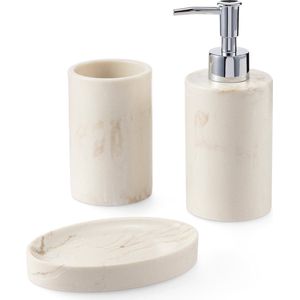 Navaris 3-delige badkamerset in Beige - Set van zeepdispenser, tandenborstelbeker en zeepbakje - Badkameraccessoires - Beige marmer kleur