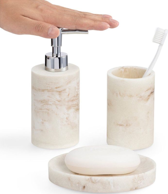 Navaris - 3-delige Badkamerset - Beige - Kunsthars - Set van Zeepdispenser, Tandenborstelbeker en Zeepbakje
