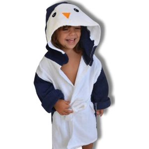 BoefieBoef Pinguïn Eco-vriendelijke Peuter & Kleuter Dieren Badjas - 100% Katoen Kinder Ochtendjas met Capuchon - Perfect cadeau voor 2-4 Jaar - Wit Blauw
